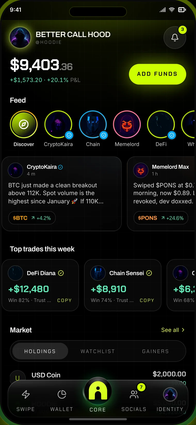HOODIE app core screen with feed, top gainers and friends