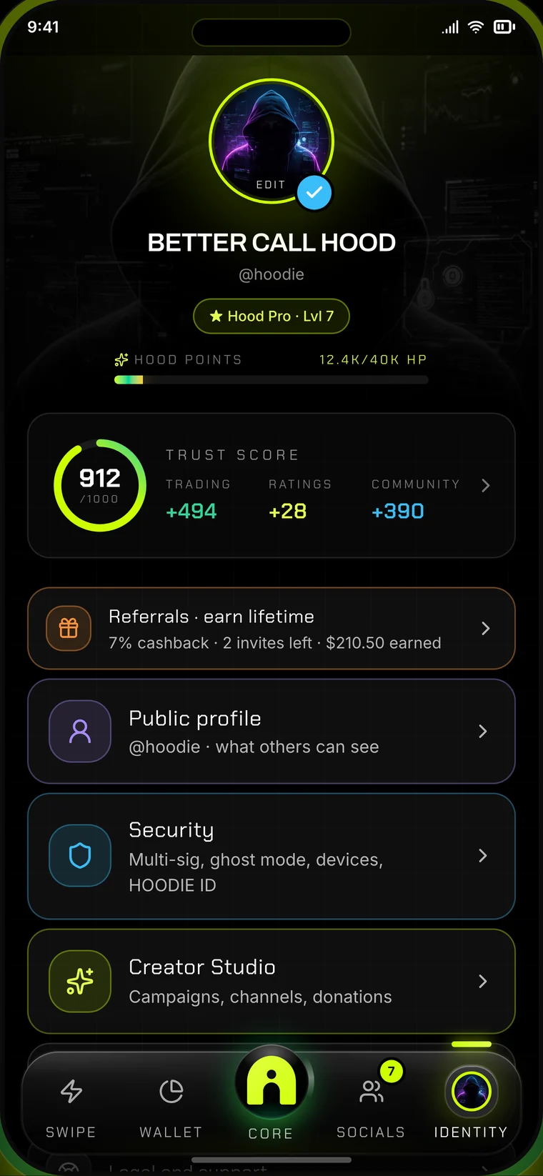 HOODIE identity screen with trust score, HOOD points and referrals